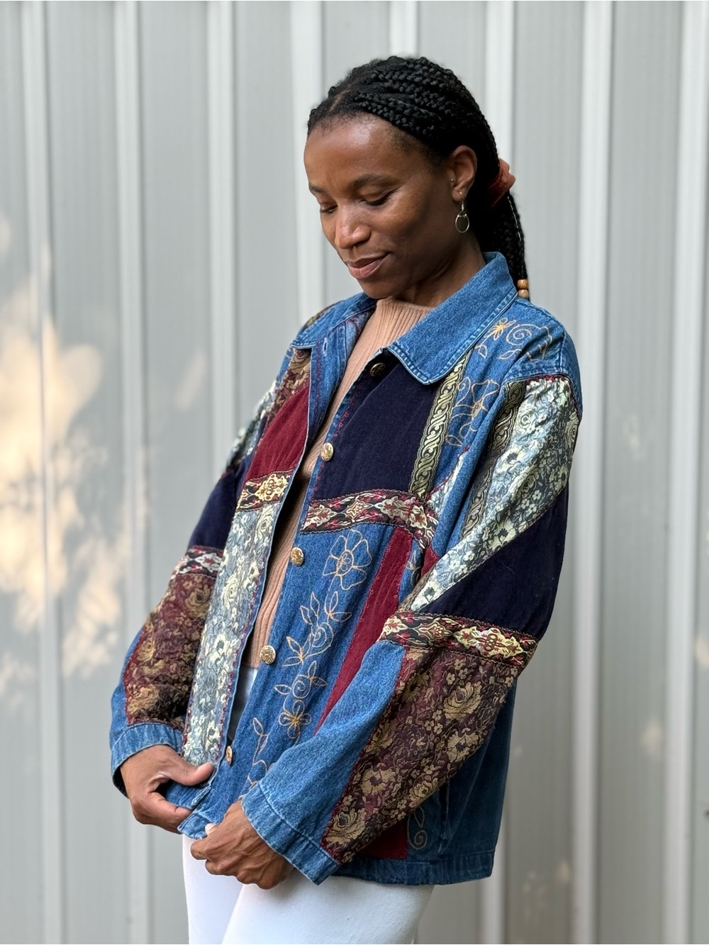 Vintage Shaver Lake Patchwork Denim Jacket Embroidered Boho L